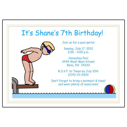 Diving Or Swimming Pool Birthday Party Invitations For Boys