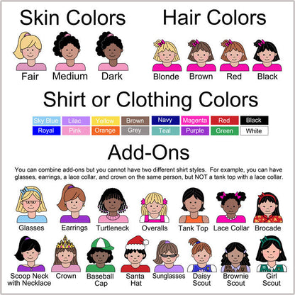 Skin, Hair, and clothing colors and options for cartoon girls