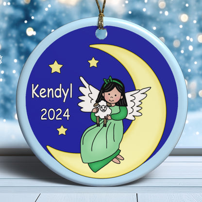 Personalized angel sitting on moon Christmas ornament