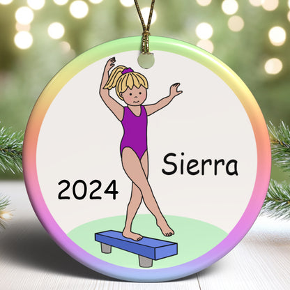 Personalized gymnastics girl on beam Christmas ornament, customize skin and hair color