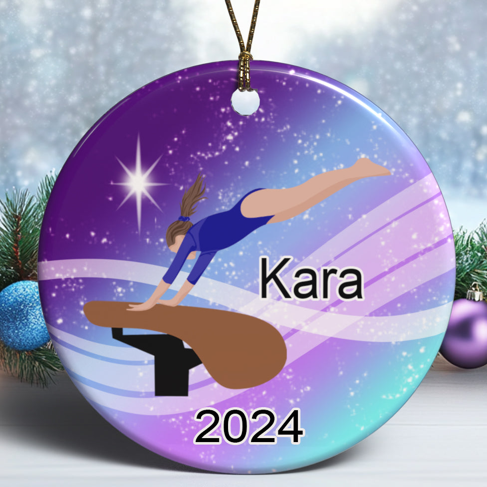 Personalized gymnastics girl on vault Christmas ornament, customize skin and hair color