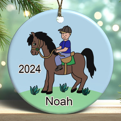 Personalized boy on horse Christmas ornament