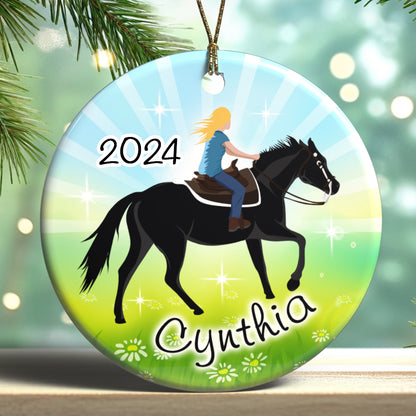 Personalized Horse Dreams Horseback riding Christmas ornament Sparkling Meadow Design