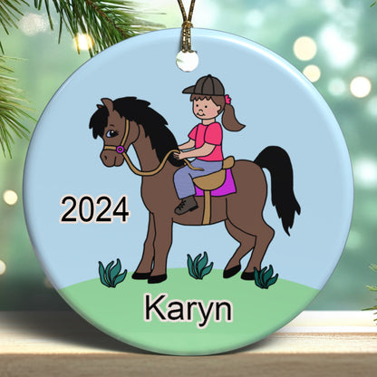 Personalized girl on horse Christmas ornament