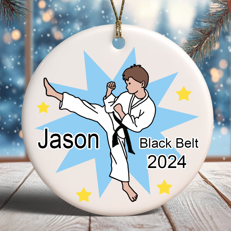 Personalized Karate Boy Martial Arts Christmas Ornament, Kick Design, customize skin ,hair, and belt color