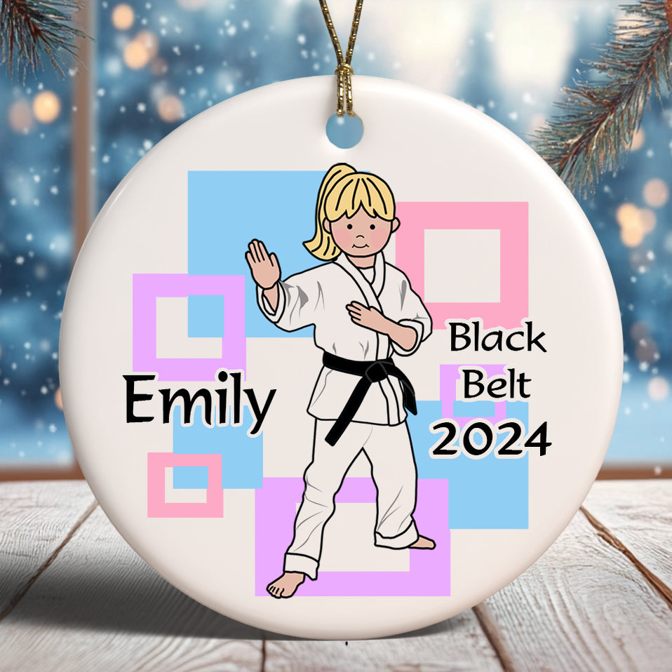 Personalized Karate Girl  Martial Arts Christmas Ornament, customize skin, hair, and belt color