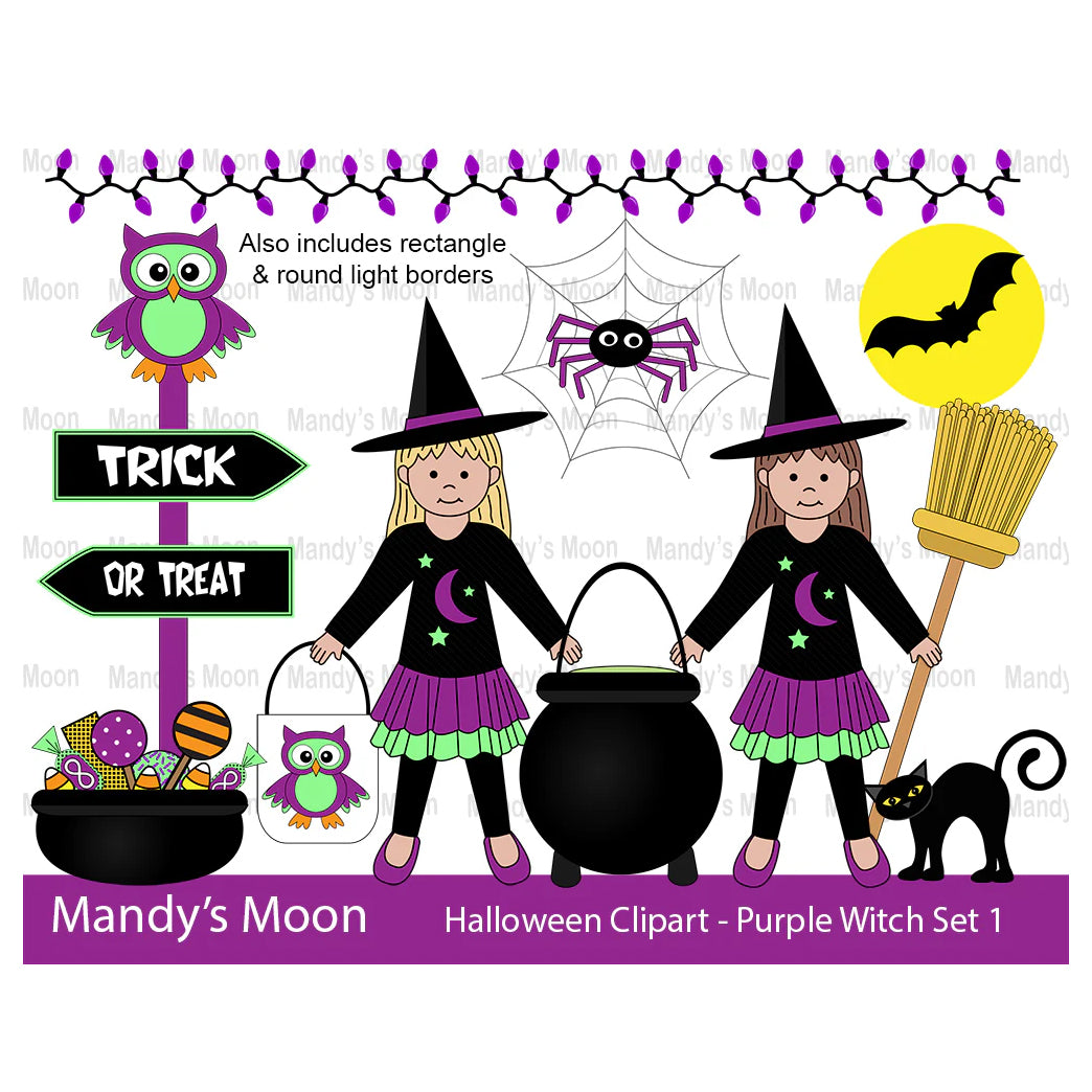 Halloween Purple Witch Girls Clipart Set 1 (Personal & Nonprofit Use only)