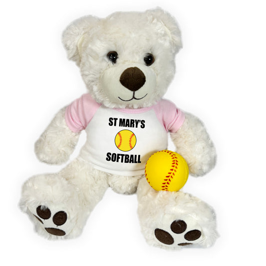 Personalized Softball Teddy Bear - 13" Pearly White Vera Bear