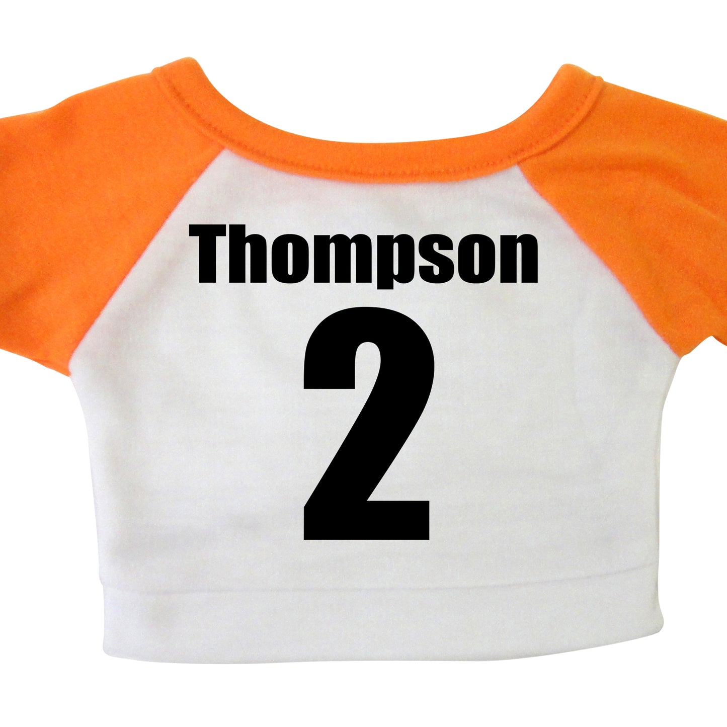 Back of personalized sports teddy bear t-shirt, orange