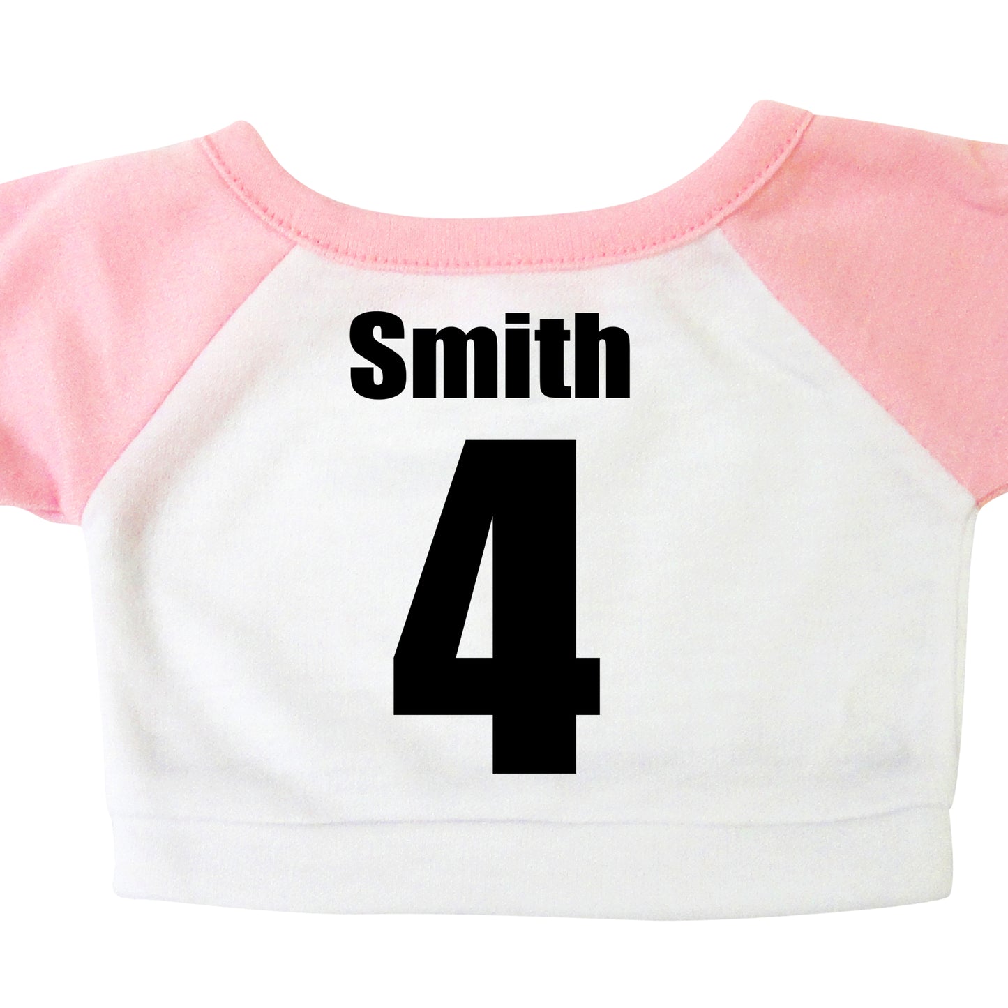 Back of personalized sports teddy bear t-shirt, pink