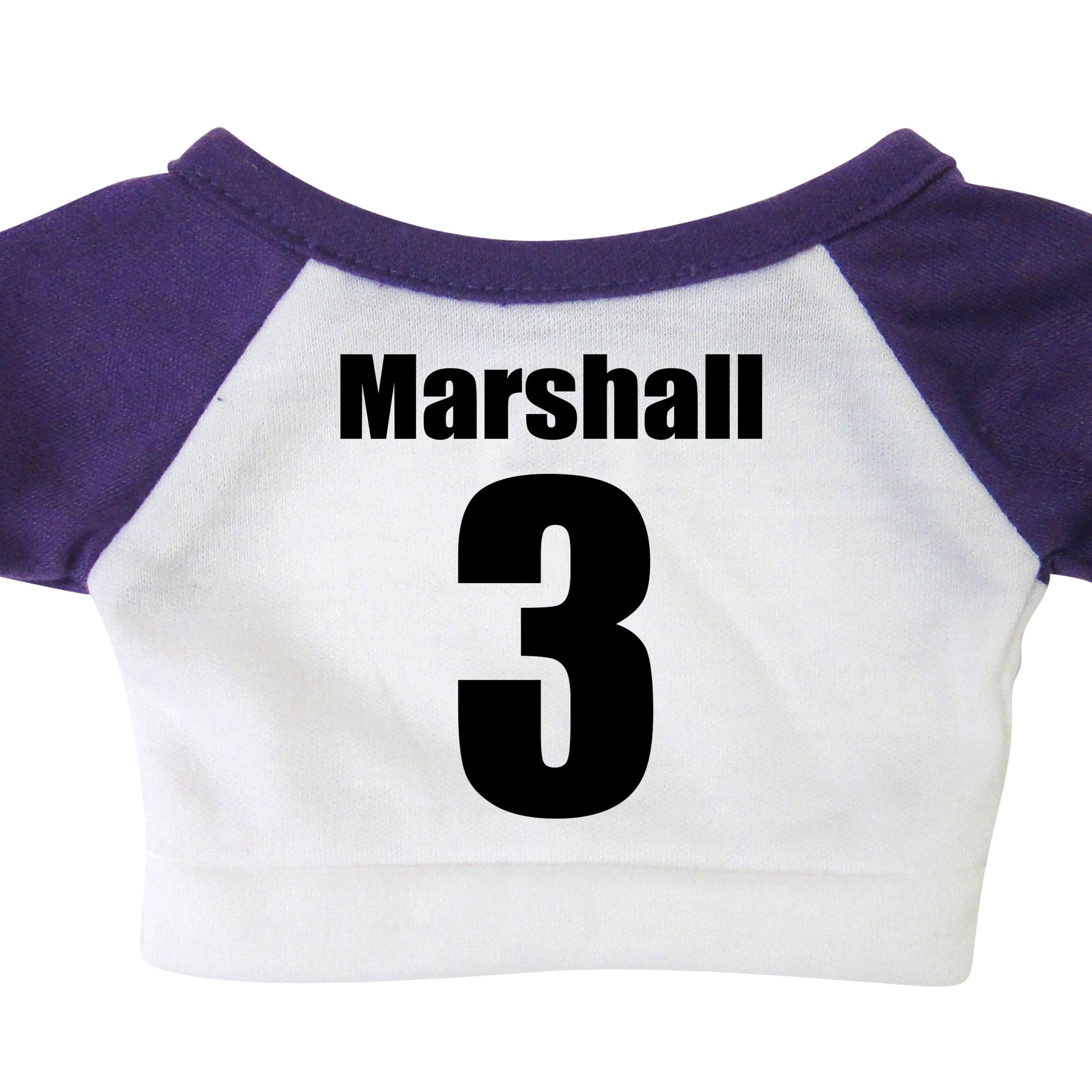 Back of personalized sports teddy bear T-shirt, purple