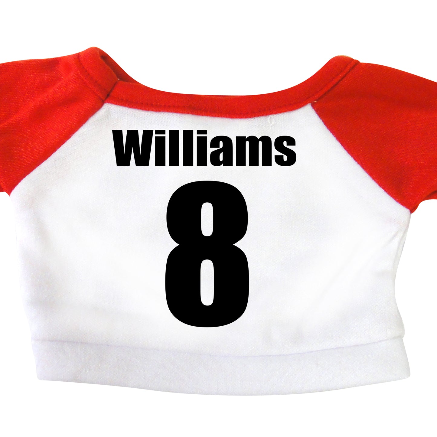 Back of personalized sports teddy bear t-shirt, red