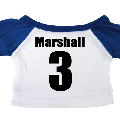 Back of personalized sports teddy bear t-shirt, royal blue