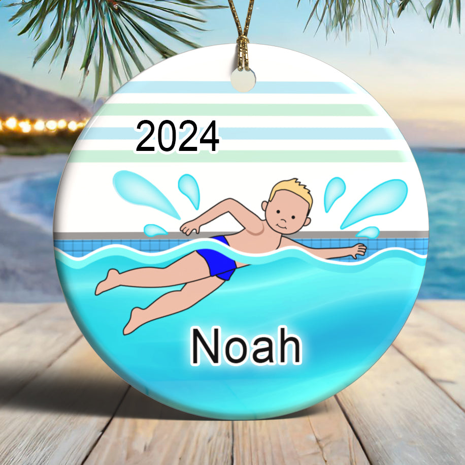 Personalized Swimming Boy Christmas Ornament, customize skin and hair color