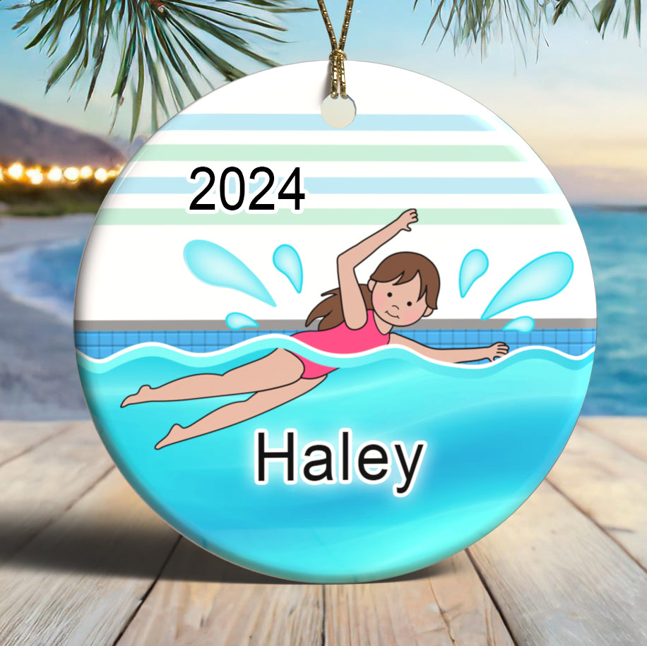 Personalized Swimming Girl Christmas Ornament, Customize skin and hair color