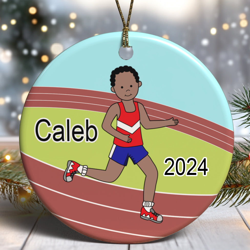 Personalized running track boy ornament, custom skin and hair color