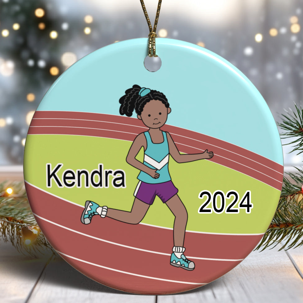 Personalized running track girl ornament, custom skin and hair color