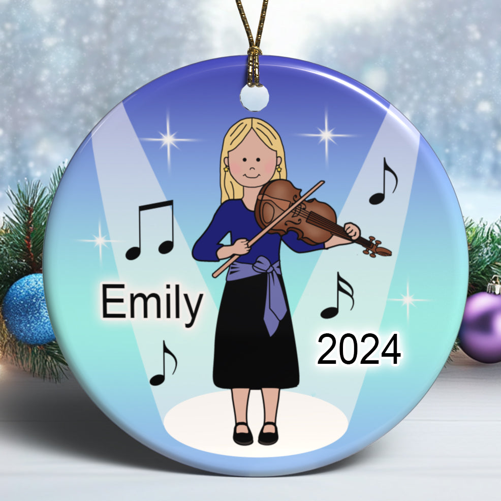 Personalized violin girl christmas ornament, choose skin and hair color