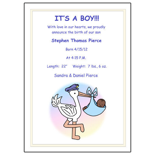 Pastel Stork Baby Boy Birth Announcement