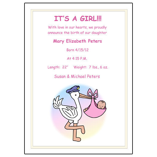 Pastel Stork Baby Girl Birth Announcement