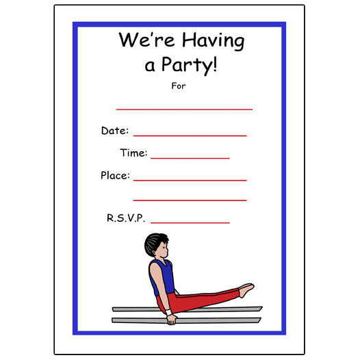 Gymnastics Boy Fill in the Blank Birthday Party Invitations