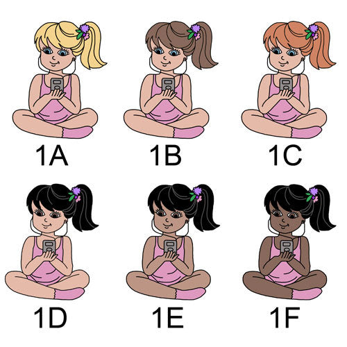 Girl options for Sleepover Favor Bags. Girl 1A has fair skin and blonde hair. Girl 1B has fair skin and brown hair. Girl 1C has fair skin and red hair. Girl 1D has fair skin and black hair. Girl 1E has medium skin and black hair. Girl 1F has dark skin and black hair. All girls have ponytail and are dressed in pink, holding an ipod.